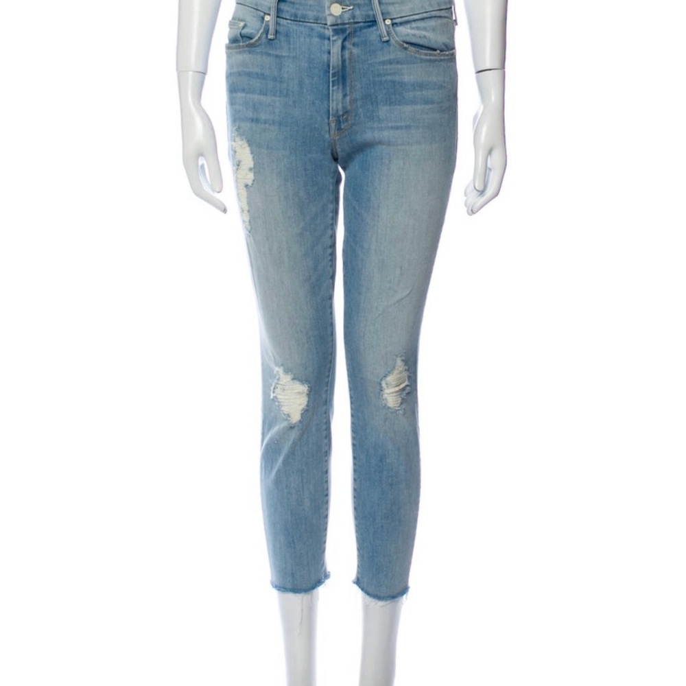 Mother Light Blue Distressed Women Mid-Rise Skinny Jeans